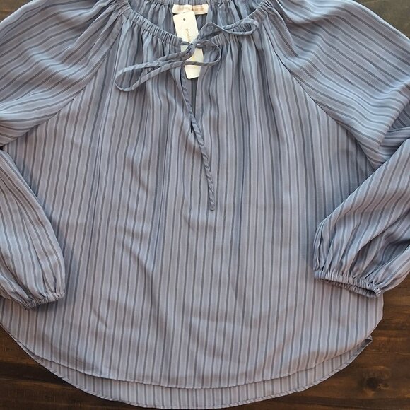 Pookie & Sebastian Blue Stripe Peasant Blouse Long Sleeve Tie Neck Elastic Cuffs - Picture 4 of 10